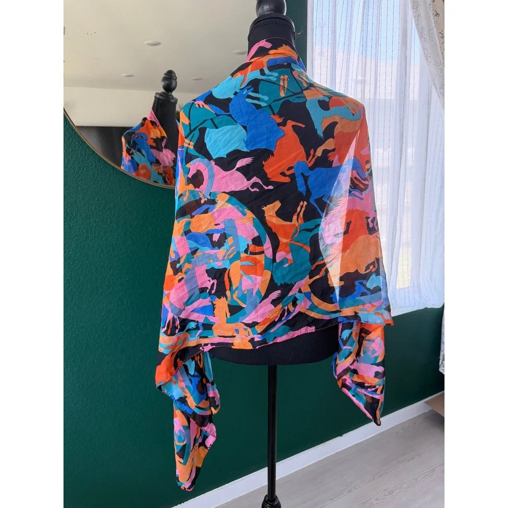 Vibrant Horse Print Scarf Equestrian Multi Color Sheer Lightweight Wrap